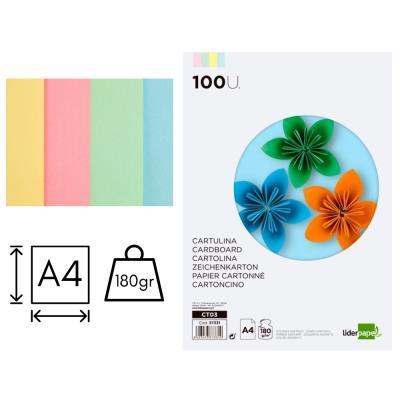 CARTULINA DIN-A4 180GR. 4 COLORES PASTELES PAQ. DE 100H. LIDERPAPEL (37331)