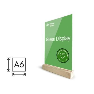 EXPOSITOR TRANSPARENTE SOBREMESA A6 CON BASE DE MADERA 100% RECICLADO30X105X170 MM.15906M1TP