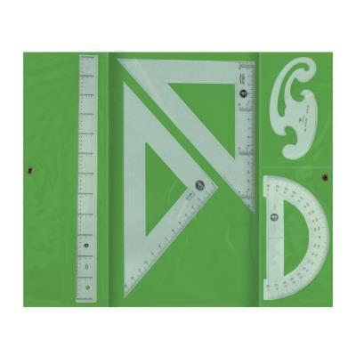 KIT BOLSA CON BROCHE DE ESCUADRA Y CARTABON 25CM REGLA 30CM SEMICIRCULO 15CM Y PLANTILLA DE CURVAS L