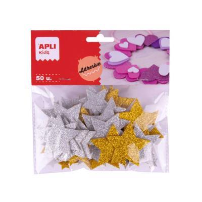 FORMAS GOMA EVA ADHESIVA ESTRELLAS PURPURINA ORO Y PLATA - 50 UND. APLI