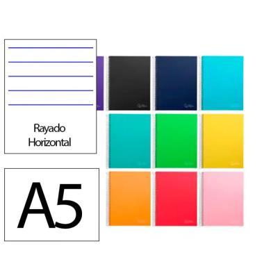 CUADERNO ESPIRAL A5 TAPA FORRADA 140H 75 GR HORIZONTAL 5 BANDAS 6 TALADROS COL.SURT LIDERPAPEL 09759