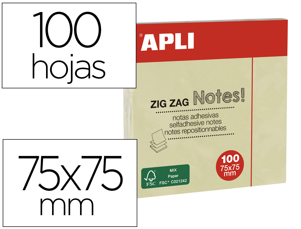 BLOC DE NOTAS ADHESIVAS QUITA Y PON APLI 75X75 MM ZIG ZAG AMARILLO CON 100 HOJAS