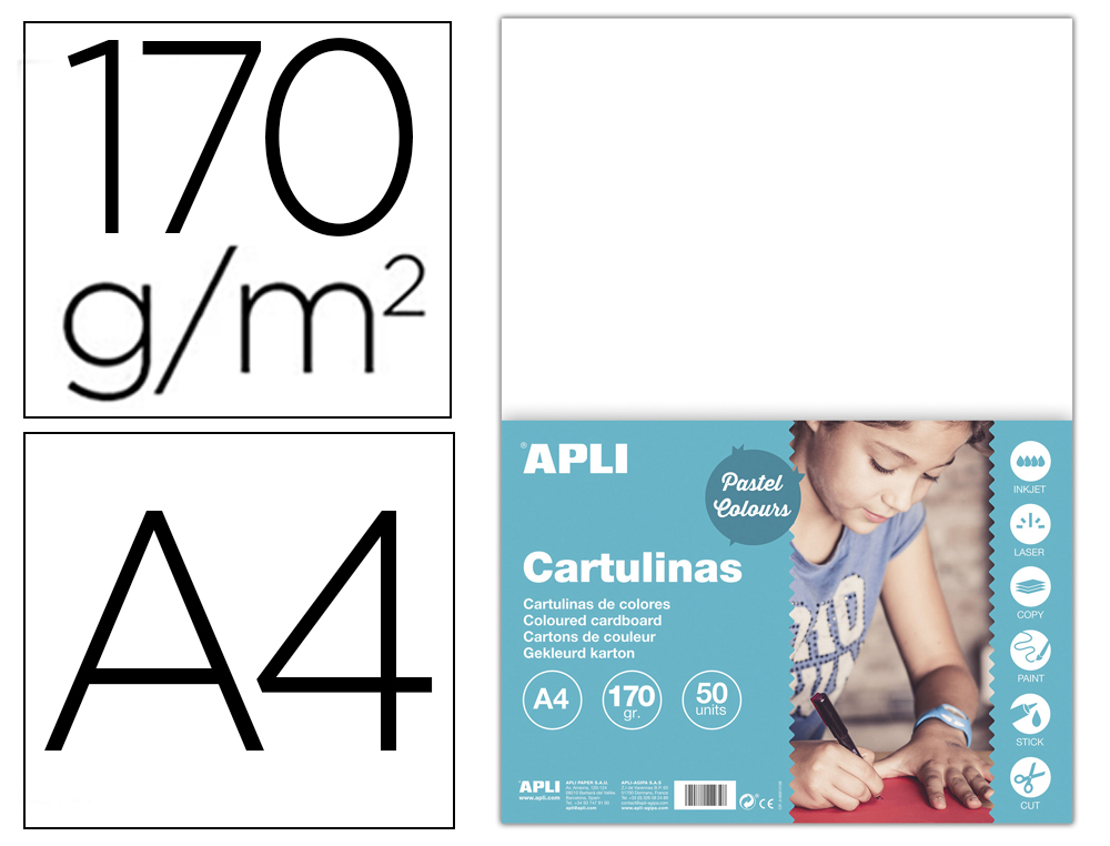 CARTULINA APLI DIN A4 170G/M2 BLANCO PAQUETE DE 50 HOJAS