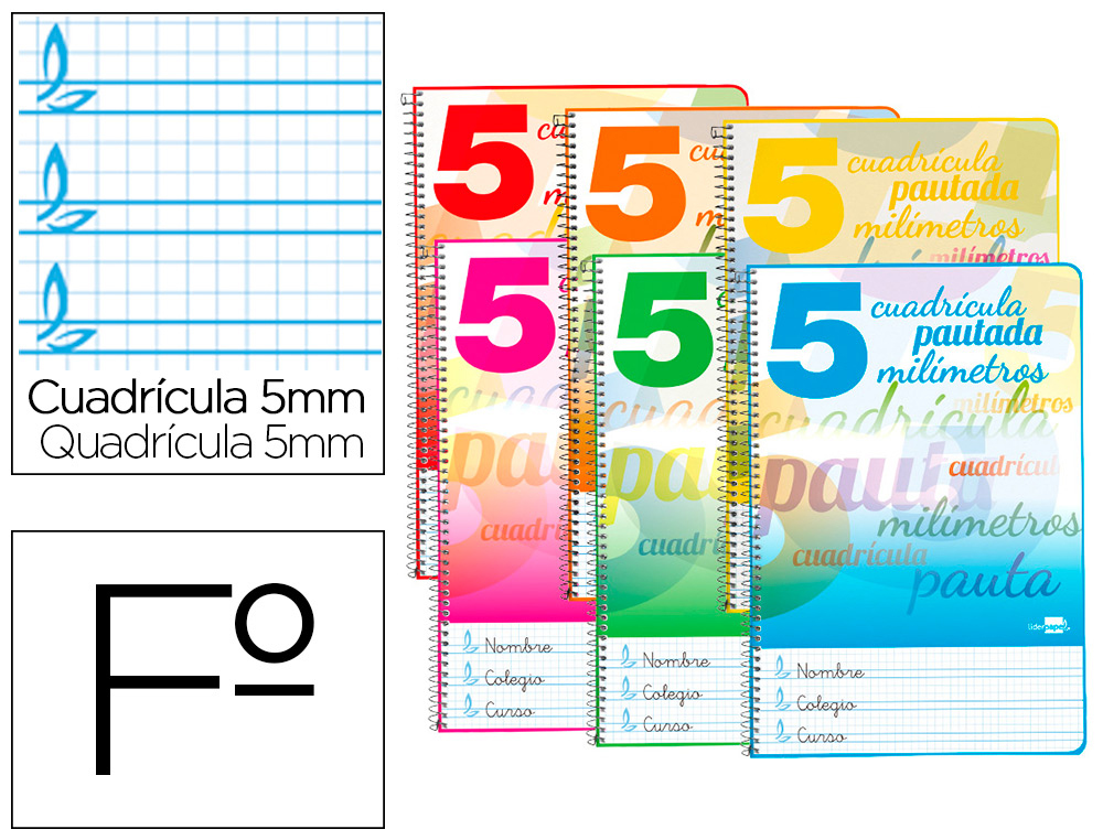 CUADERNO ESPIRAL LIDERPAPEL FOLIO PAUTAGUIA TAPA BLANDA 80H 75GR CUADRO PAUTADO 5MM CON MARGEN COLORES SURTIDOS
