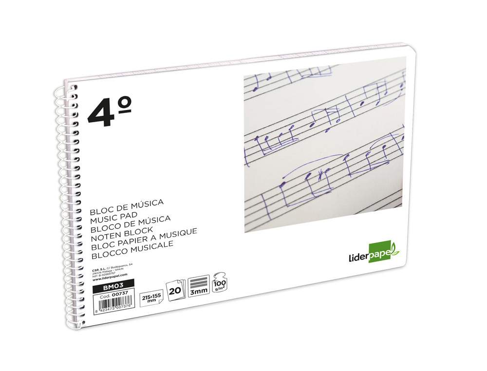 BLOC MUSICA LIDERPAPEL PENTAGRAMA 3MM CUARTO 20 HOJAS 100G/M2