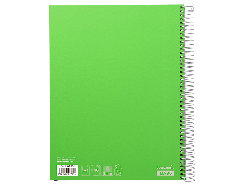 CUADERNO ESPIRAL LIDERPAPEL A4 MICRO JOLLY TAPA FORRADA 140H 75 GR CUADRO 5MM 5 BANDAS 4 TALADROS COLOR VERDE