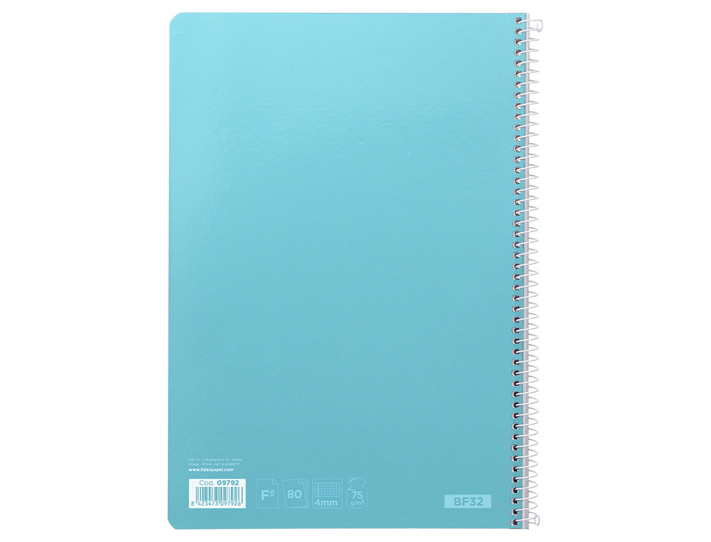 CUADERNO ESPIRAL LIDERPAPEL FOLIO WITTY TAPA DURA 80H 75GR CUADRO 4MM CON MARGEN COLOR CELESTE