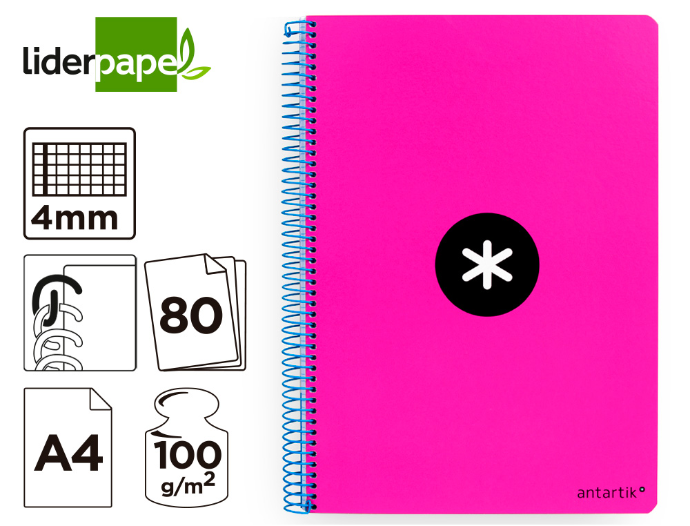 CUADERNO ESPIRAL A4 ANTARTIK TAPA DURA 80H 90GR CUADRO 4MM CON MARGEN COLOR ROSA FLUOR