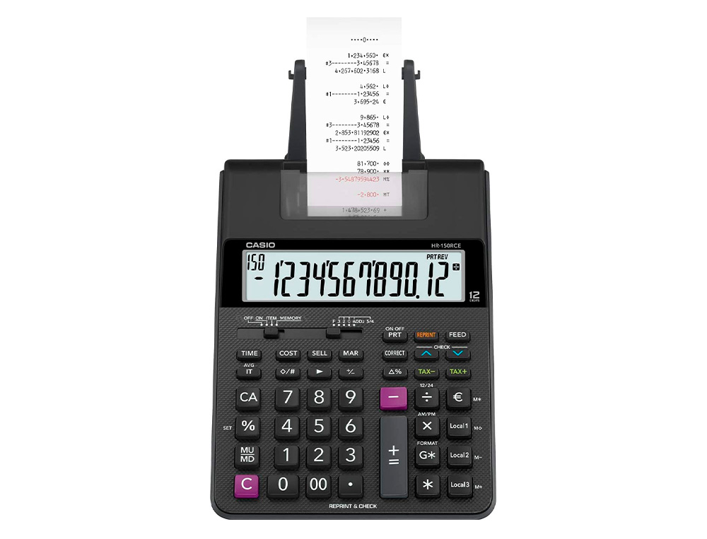 CALCULADORA CASIO HR-150RCE IMPRESORA PANTALLA LC PAPEL 58 MM IMPRESION BICOLOR 12 DIGITOS AC/DC COLOR NEGRO