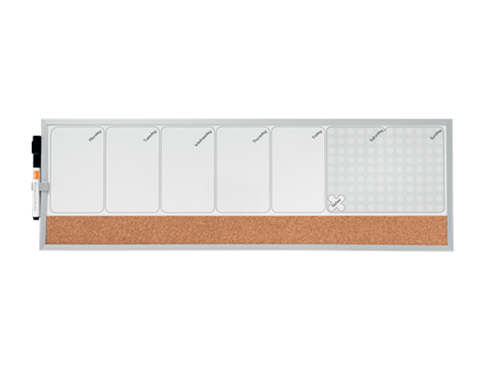 PLANIFICADOR SEMANAL NOBO MAGNETICO + TABLERO CORCHO HORIZONTAL CON MARCO DE ALUMINIO 585X190 MM