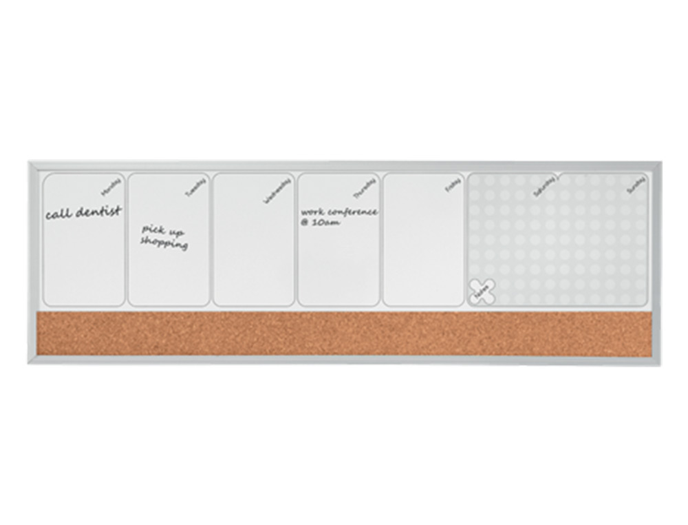 PLANIFICADOR SEMANAL NOBO MAGNETICO + TABLERO CORCHO HORIZONTAL CON MARCO DE ALUMINIO 585X190 MM