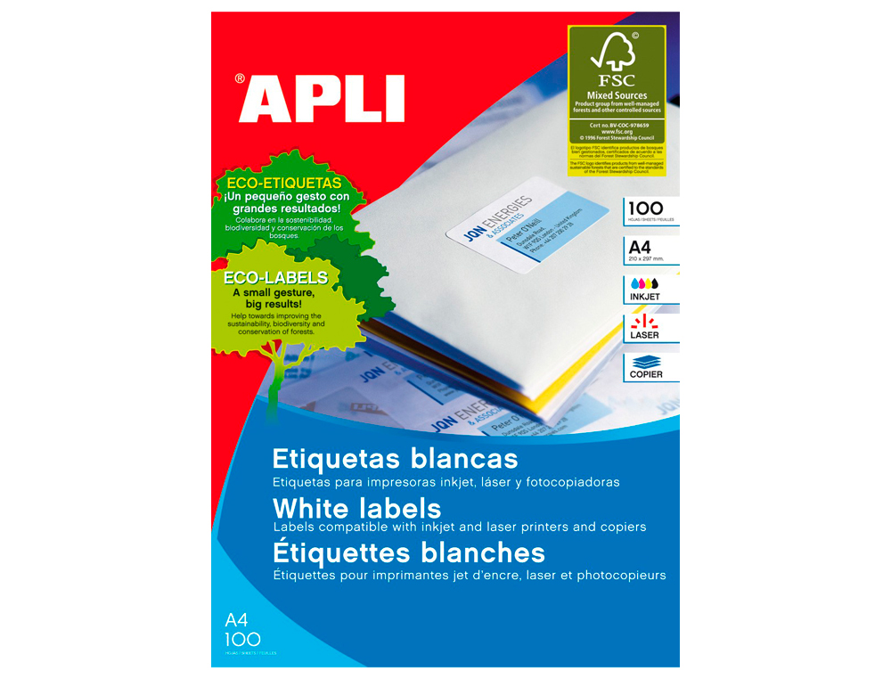 ETIQUETA ADHESIVA APLI 1281 210X297 MM FOTOCOPIADORA LASER INK-JET CAJA CON 100 HOJAS DIN A4