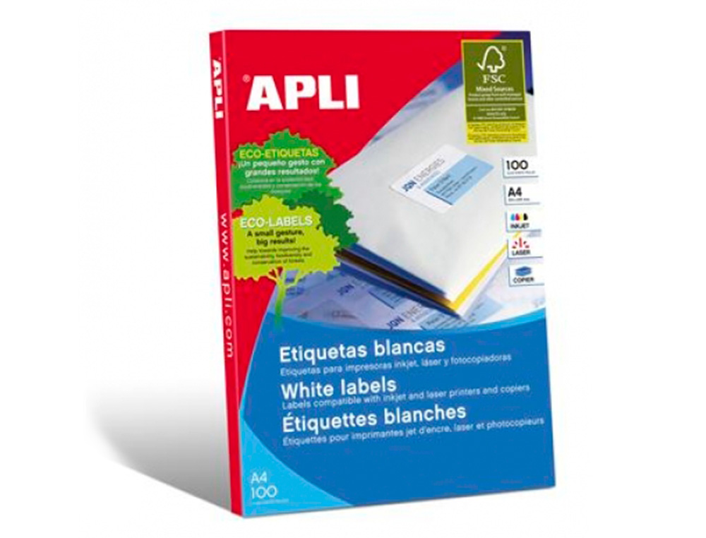 ETIQUETA ADHESIVA APLI 1281 210X297 MM FOTOCOPIADORA LASER INK-JET CAJA CON 100 HOJAS DIN A4