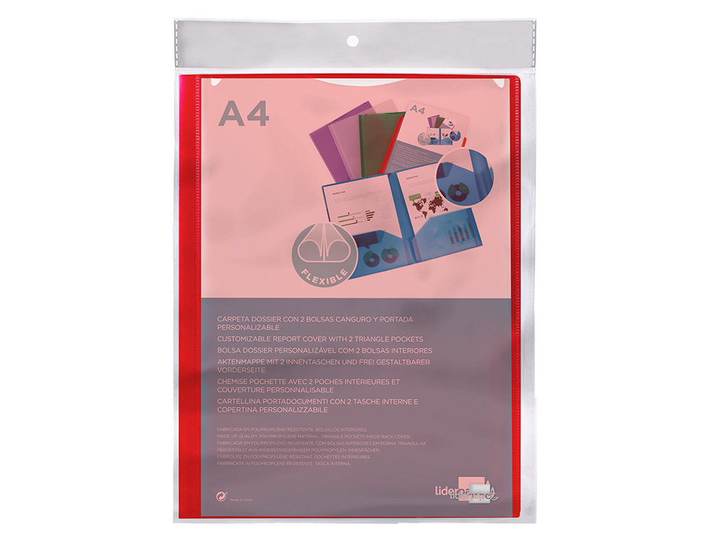 CARPETA LIDERPAPEL DOSSIER DOS BOLSAS CANGURO 45680 POLIPROPILENO DIN A4 ROJA