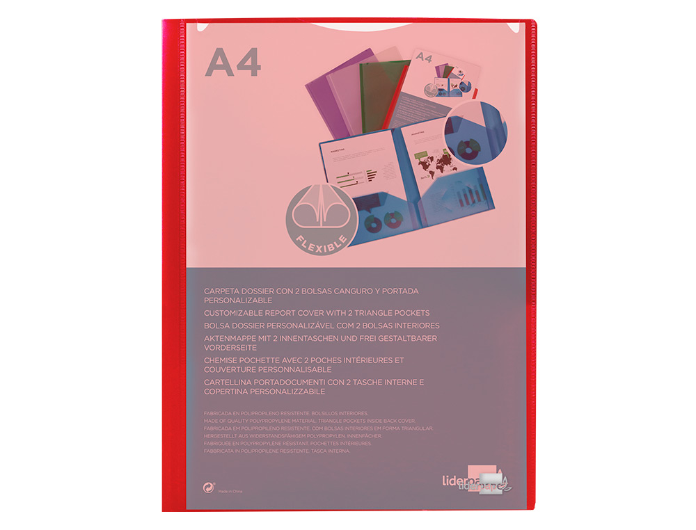 CARPETA LIDERPAPEL DOSSIER DOS BOLSAS CANGURO 45680 POLIPROPILENO DIN A4 ROJA
