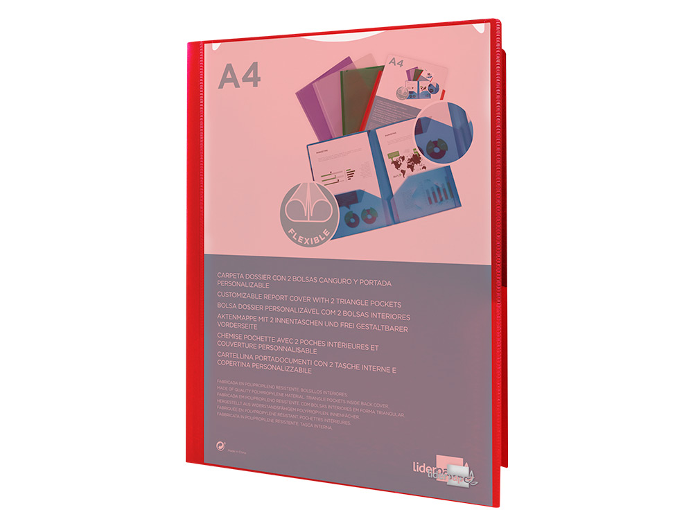 CARPETA LIDERPAPEL DOSSIER DOS BOLSAS CANGURO 45680 POLIPROPILENO DIN A4 ROJA