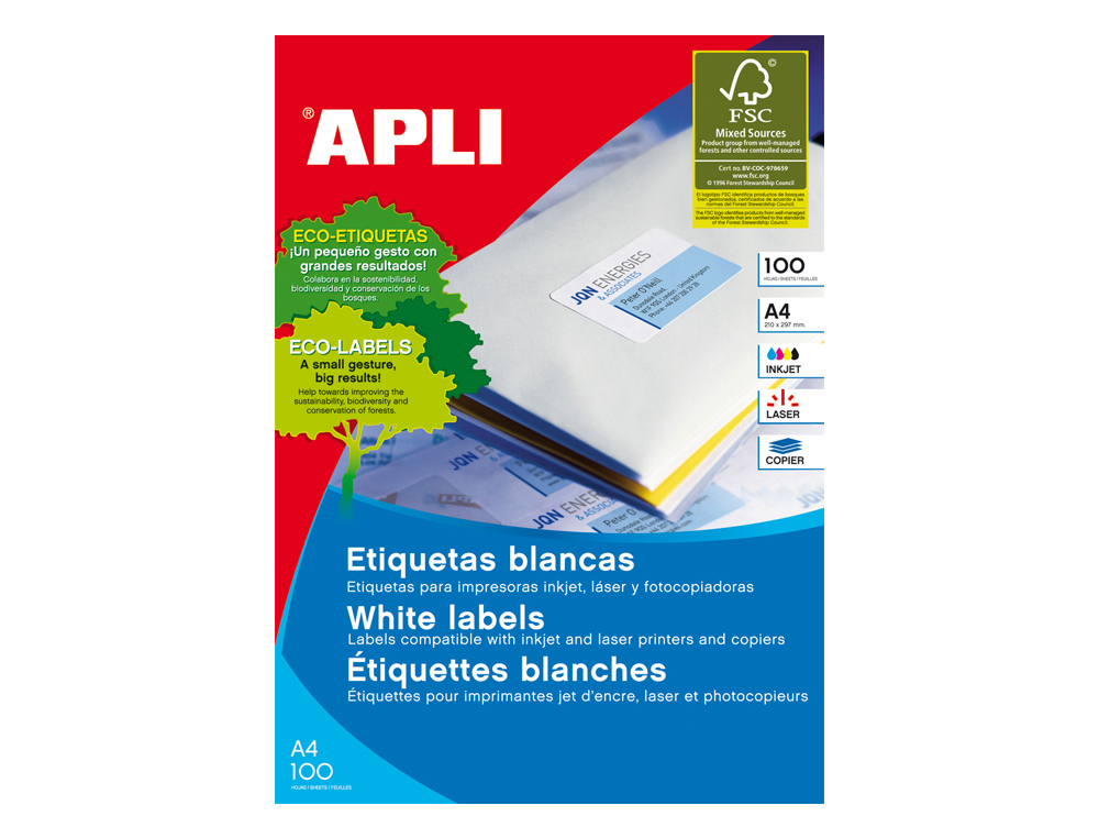 ETIQUETA ADHESIVA APLI 1283 TAMAO 38X21.2MM PARA FOTOCOPIADORA LASER INK-JET CAJA CON 100 HOJAS DIN A4