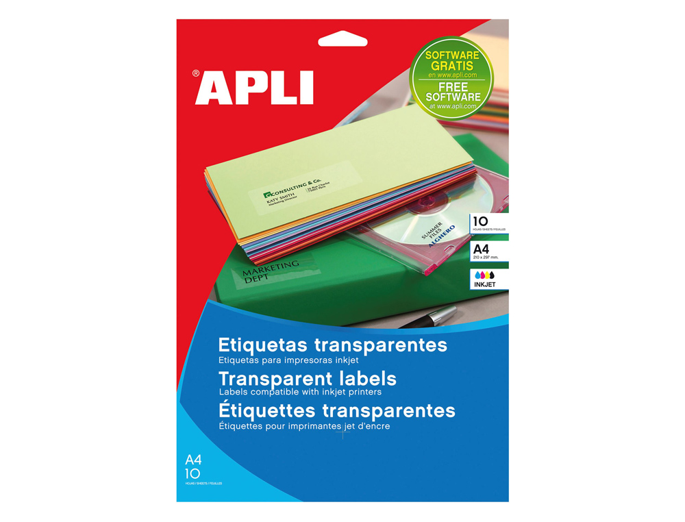 ETIQUETAS ADHESIVAS APLI TRANSPARENTES POLIESTER PARA IMPRESORA INK-JET 210X297 MM PRESENTADAS EN CARPETAS DE 10