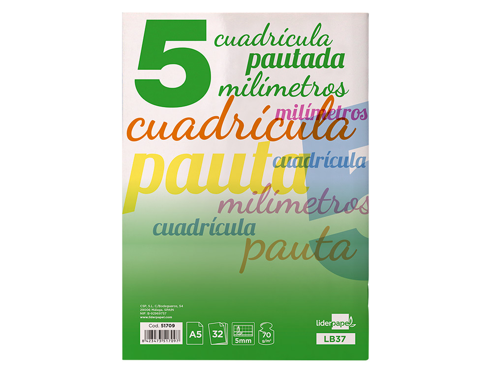 LIBRETA LIDERPAPEL PAUTAGUIA TAPA CARTONCILLO 32 HOJAS DIN A5 70 G CUADRICULADO PAUTADO 5 MM