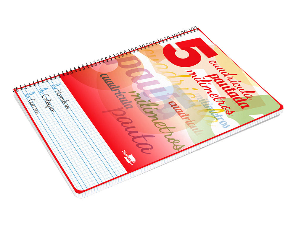 CUADERNO ESPIRAL LIDERPAPEL FOLIO PAUTAGUIA TAPA BLANDA 80H 75GR CUADRO PAUTADO 5MM CON MARGEN COLORES SURTIDOS