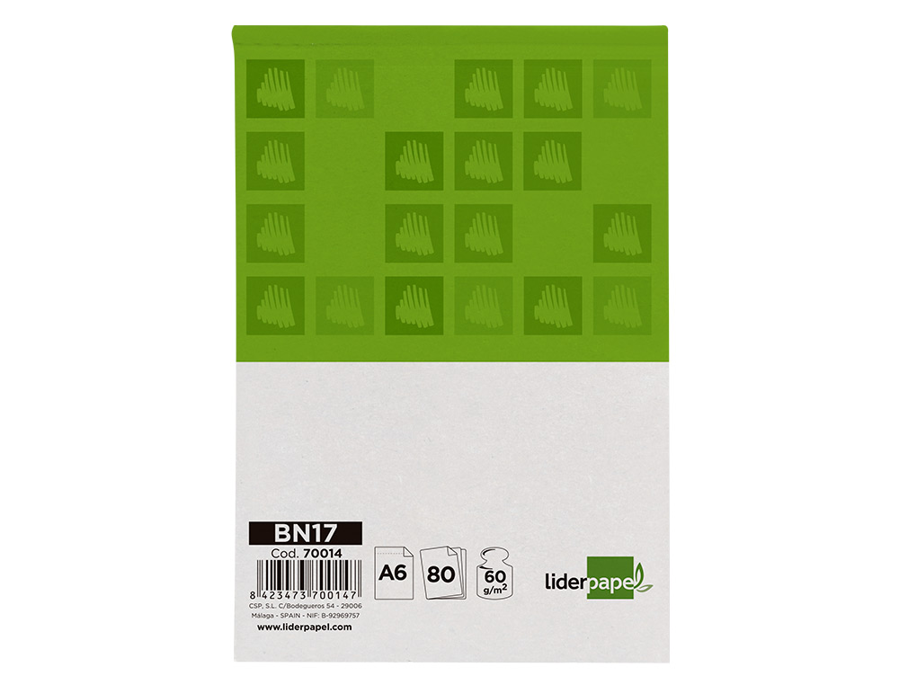 BLOC NOTAS LIDERPAPEL CUADRO 4 MM A6 80 HOJAS 60 G/M2 PERFORADO SIN TAPA