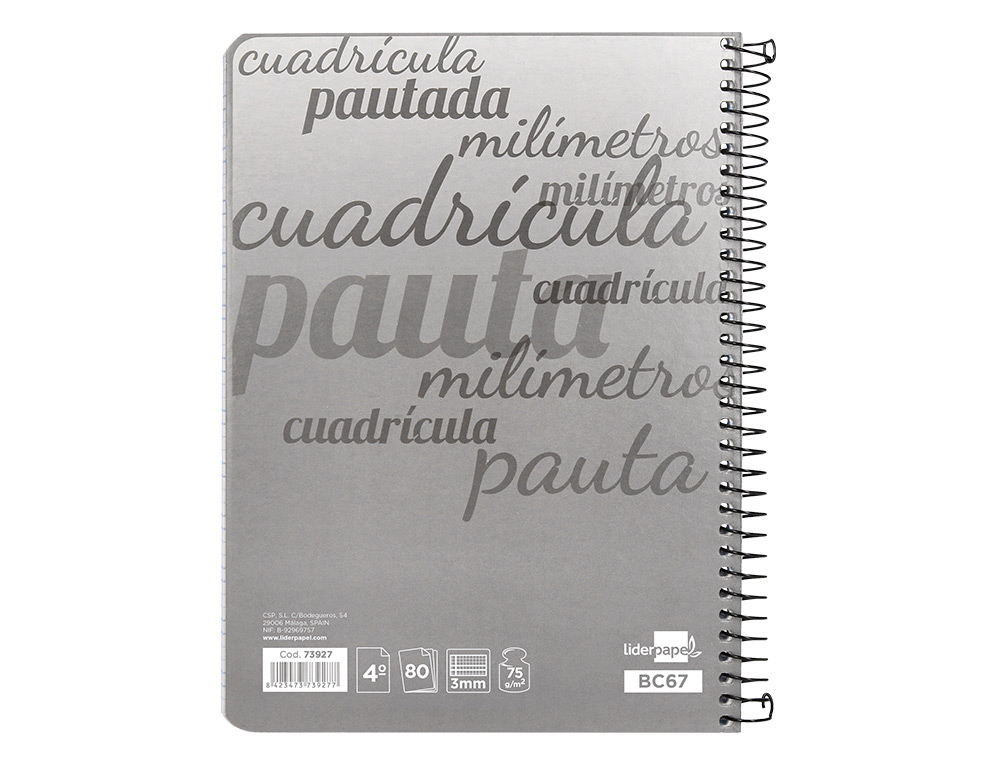 CUADERNO ESPIRAL LIDERPAPEL CUARTO PAUTAGUIA TAPA DURA 80H 75GR CUADRO PAUTADO 3MM CON MARGEN
