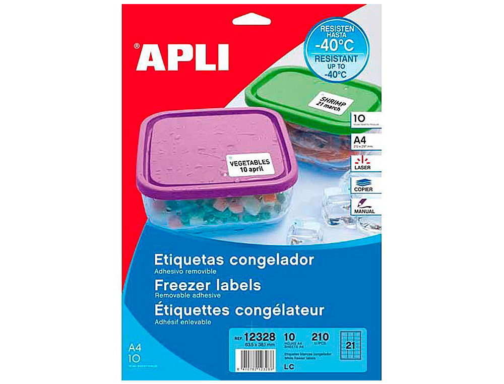 ETIQUETA ADHESIVA APLI 12328 TAMAO 63,5X38,1 MM PARA CONGELADOS CAJA CON 10 HOJAS A4 BLANCAS DIRECTIVA EUROPEA