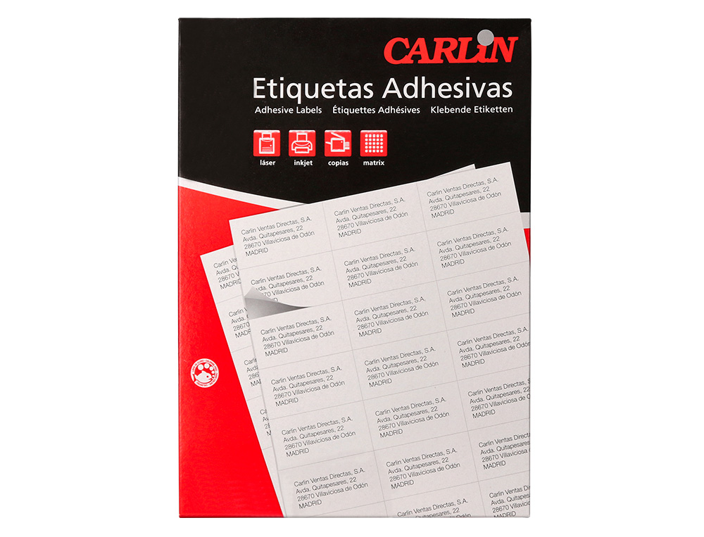 ETIQUETA ADHESIVA CARLIN 70X35 MM FOTOCOPIADORA LASER INK-JET CAJA DE 100 HOJAS DIN A4