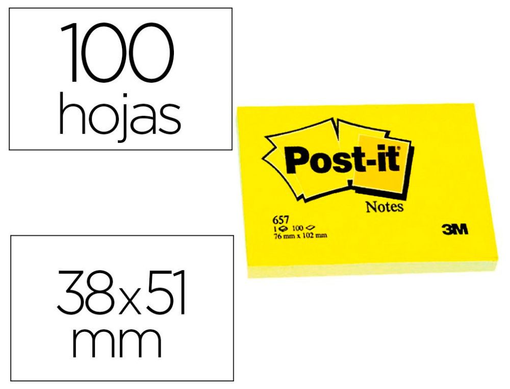 BLOC DE NOTAS ADHESIVAS QUITA Y PON POST-IT 38X51 MM CON 100 HOJAS 653E