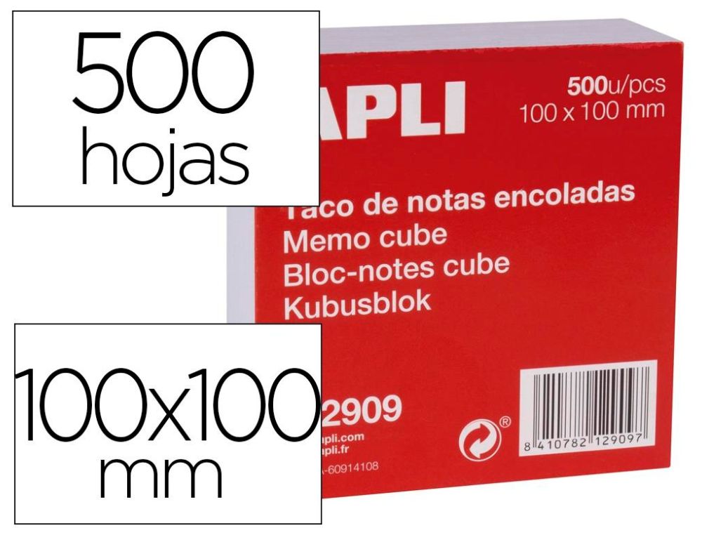 TACO PAPEL APLI ENCOLADO 100X100 MM BLANCO 500 HOJAS
