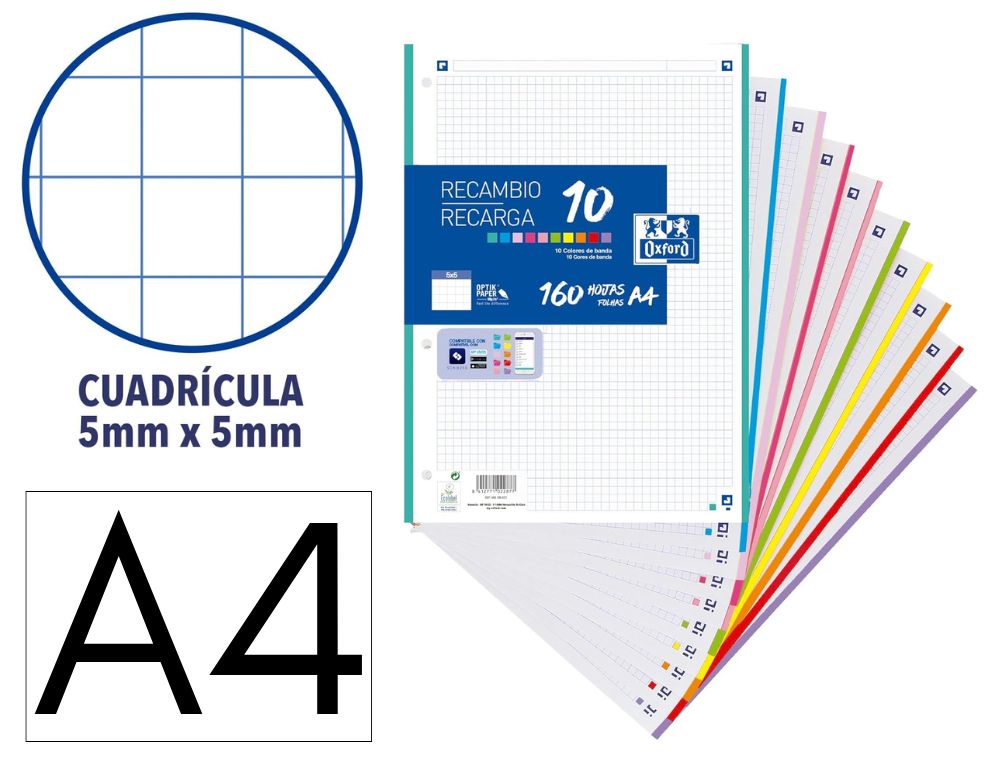RECAMBIO COLOR OXFORD A4 160 HOJAS 90 GR OPTIK PAPER CUADRO 5 MM 4 TALADROS BANDA 10 COLORES