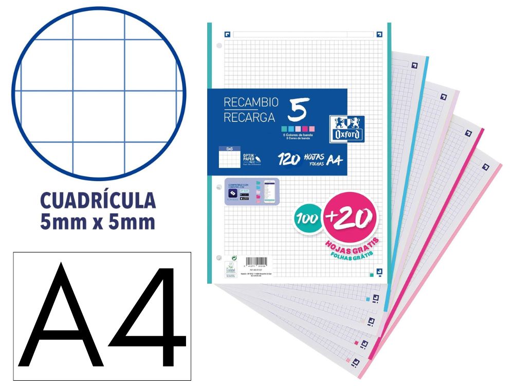 RECAMBIO OXFORD 5 COLORES CON BANDA 100 + 20 H. 5X5 COLORES TENDENCIA