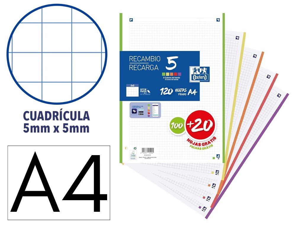 RECAMBIO OXFORD 5 COLORES CON BANDA 100 + 20 H. 5X5 COLORES VIVOS