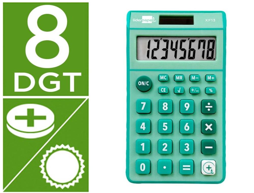 CALCULADORA LIDERPAPEL BOLSILLO 8 DIGITOS SOLAR Y PILAS COLOR VERDE 115X65X8 MM