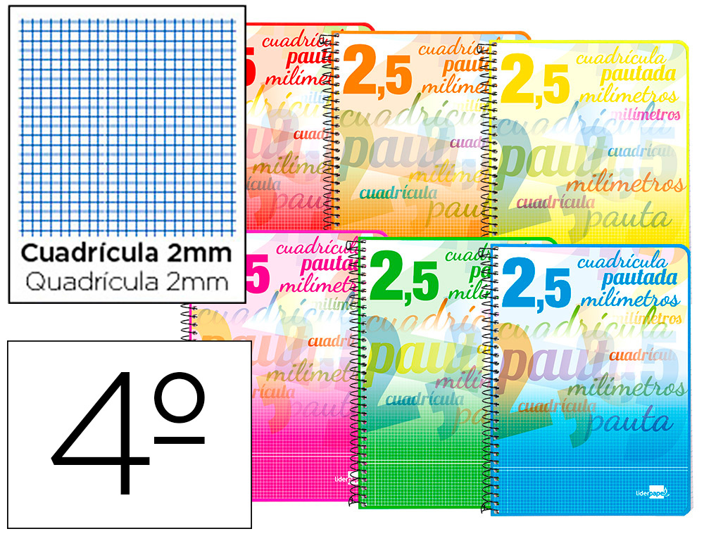 CUADERNO ESPIRAL LIDERPAPEL CUARTO PAUTAGUIA TAPA BLANDA 40H 75GR CUADRO PAUTADO 2,5MM CON MARGEN COLORES SURTIDOS
