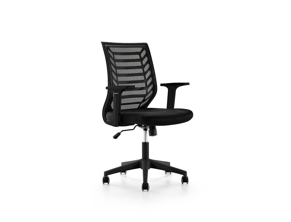 SILLA ROCADA DE OFICINA CON BRAZOS TAPIZADA EN TELA IGNIFUGA NEGRO Y RESPALDO DE MALLA NEGRO