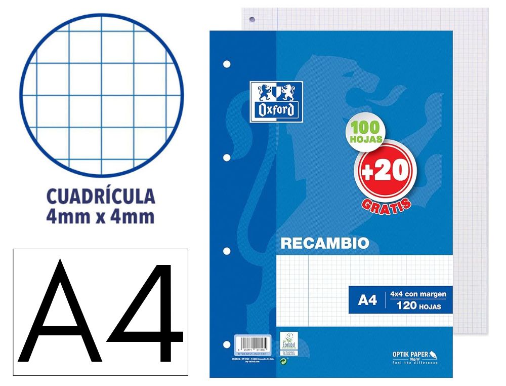 RECAMBIO OXFORD A4 100 + 20 HOJAS GRATIS 90 GR CUADRO 4MM 4 TALADROS