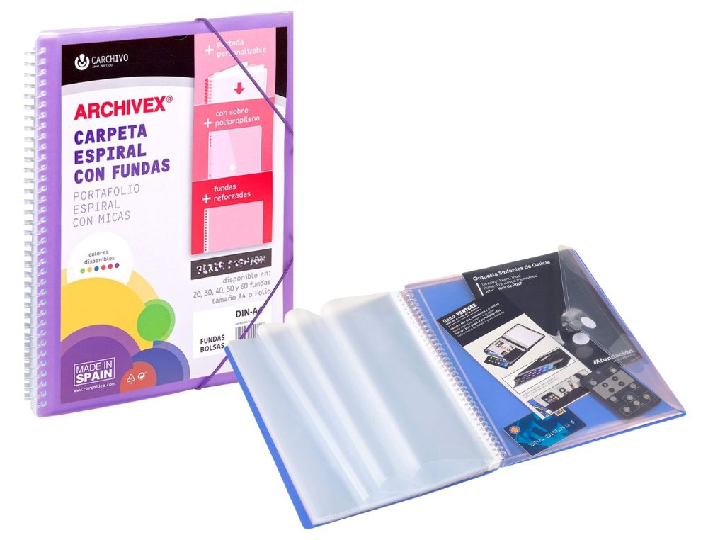CARPETA CARCHIVO ESPIRAL CANGURO 40 FUNDAS POLIPROPILENO DIN A4 + SOBRE + GOMA DE CIERRE VIOLETA