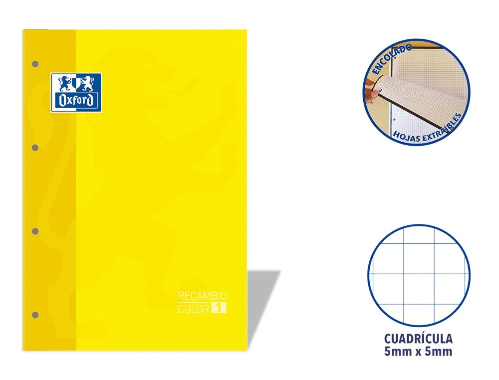 RECAMBIO OXFORD EUROPEANBOOK ENCOLADO A4 80 H. 90 GRS. CDLA. 5 CON RECUADRO AMARILLO