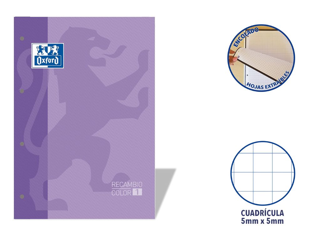 RECAMBIO OXFORD EUROPEANBOOK ENCOLADO A4 80 H. 90 GRS. CDLA. 5 CON RECUADRO LILA