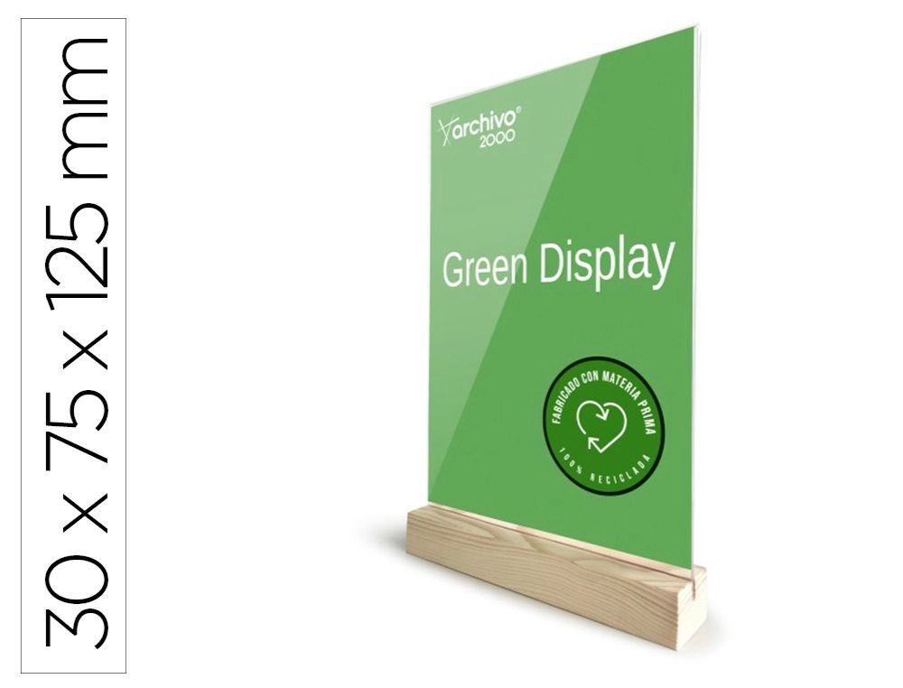 EXPOSITOR SOBREMESA A. 2000 A7 CON BASE DE MADERA 100% RECICLADO Y RECICLABLE 30X75X125 MM. TRANSPARENTE