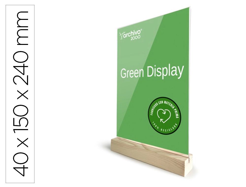 EXPOSITOR SOBREMESA A. 2000 A5 CON BASE DE MADERA 100% RECICLADO Y RECICLABLE 40X150X240 MM. TRANSPARENTE