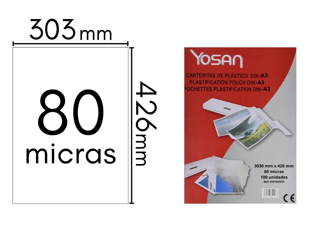 CARTERA PLASTIFICAR 100 UDS. A3 303X426 MM. 80 MICRAS YOSAN 