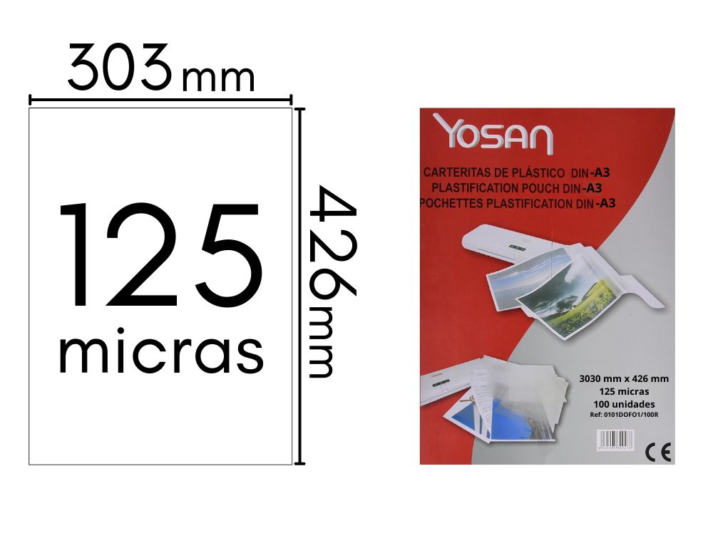 CARTERA PLASTIFICAR 100 UDS. A3 303X426 MM. 125 MICRAS YOSAN