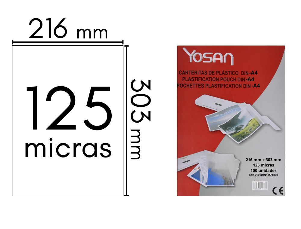 CARTERA PLASTIFICAR 100 UDS. A4 216X303 MM. 125 MICRAS YOSAN