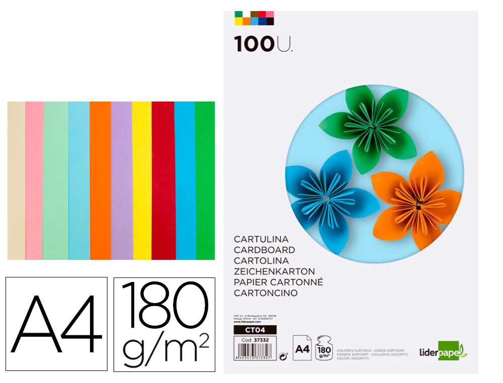 CARTULINA DIN-A4 180GR PAQ.10 COLORES SURTIDOS 100 HOJAS