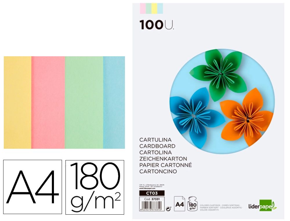 CARTULINA DIN-A4 180GR. 4 COLORES PASTELES PAQ. DE 100H.